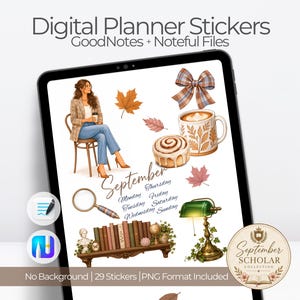 May include: Digital planner stickers featuring autumn-themed illustrations including a person sitting on a chair, maple leaves, a plaid bow, a coffee mug, a cinnamon roll, a magnifying glass, books, and a green desk lamp with the text September.