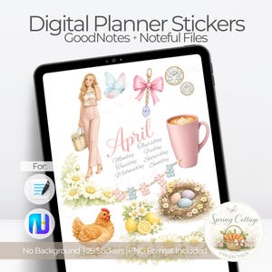 May include: Digital planner stickers with the text "Digital Planner Stickers GoodNotes + Noteful Files". The image includes illustrations of a woman, butterflies, a coffee cup, and a spring-themed wreath. The text "April" is also visible.