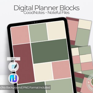 Puede incluir: Un planificador digital que se muestra en una tableta, con una cuadrícula de bloques rectangulares en tonos burdeos, verdes y crema. El texto "Digital Planner Blocks" y "GoodNotes + Noteful Files" son visibles. La imagen también incluye el texto "Easy To Use | No Background | PNG Format Included".