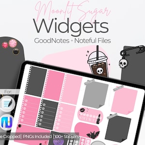 May include: Digital planner widgets with a pink and gray color scheme. The image includes a tablet displaying various widgets, a skull drink, and the text "Moonlit Sugar Widgets". The widgets are designed for GoodNotes and Noteful files.