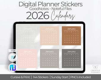 2026 Digital Planner Calendar Stickers | Goodnotes Date Stickers | Transparent Digital Stickers | Noteful Month Stickers | Dated Bundle