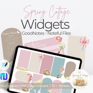 Könnte beinhalten: Digitale Planer-Widgets mit Frühlings-Cottage-Thema. Das Bild zeigt ein Tablet mit digitalen Stickern, einem Menü und dem Text "Spring Cottage Widgets". Die Widgets sind in Pastellfarben mit floralen und österlichen Designs.