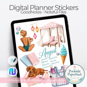 Può includere: Adesivi digitali per agenda con una persona in costume da bagno verde, una cabana rosa con sedie a sdraio, un bassotto, un gelato blu, una borsa a righe e il testo August con i giorni della settimana. Include file GoodNotes e Noteful.