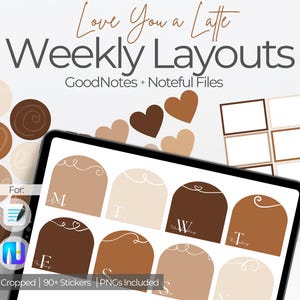 May include: Digital weekly layouts with a coffee theme. The image shows a tablet displaying templates in shades of brown, with the days of the week labeled. The text "Love You a Latte Weekly Layouts" is at the top. Includes stickers and PNGs.