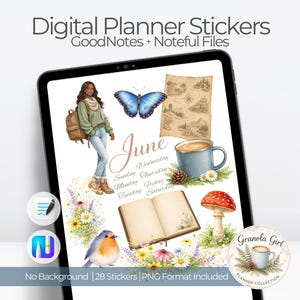 May include: Digital planner stickers displayed on a tablet screen featuring illustrations of a person with a backpack, a blue butterfly, a vintage map, a coffee mug, a red mushroom, an open book, a robin, and wildflowers with the text June.