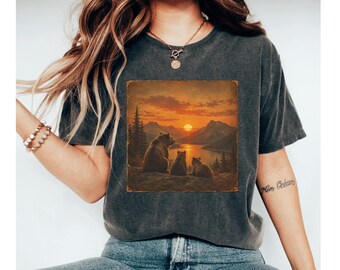 Bear Family Shirt, Vintage Forest Tee, Mountain Sunset T Shirt, Nature Lover Gift, Rustic Bear Graphic Tee, Outdoor Adventure Shirt