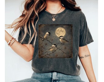 Black Capped Chickadee Shirt, Bird Lover Tee, Vintage Bird Shirt, Birdwatching Gift, Chickadee Moon Shirt, Nature Lover Tee