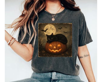 Vintage Black Cat Halloween Shirt, Spooky Pumpkin Tee, Retro Halloween Cat Shirt, Gothic Fall T-Shirt, Witchy Autumn Gift