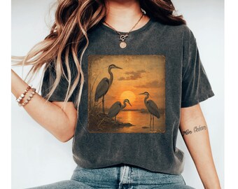 Heron Sunset Shirt, Great Blue Heron Tee, Bird Lover Gift, Nature T Shirt, Coastal Bird Shirt, Vintage Heron Tee
