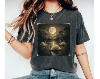 Swan Moon Shirt, Vintage Swan Tee, Moonlight Lake Shirt, Nature Lover Gift, Cottagecore Bird Tee, Swan Graphic Shirt
