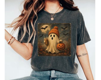 Cute Ghost Shirt, Vintage Halloween Shirt, Spooky Coffee Ghost Tee, Fall Aesthetic T-Shirt, Pumpkin Halloween Gift