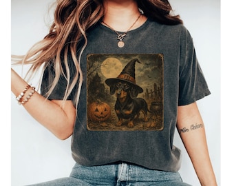 Vintage Dachshund Halloween Shirt, Witch Hat Wiener Dog Tee, Spooky Doxie Pumpkin Shirt, Retro Fall Dog Lover Gift