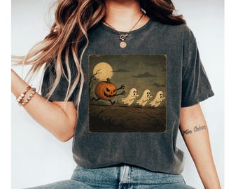 Vintage Halloween Pumpkin Shirt, Cute Ghost Shirt, Spooky Pumpkin Tee, Retro Fall Halloween T-Shirt, Autumn Ghost Gift