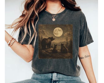 Bear Moon Shirt, Vintage Bear Tee, Forest Graphic Shirt, Woodland Animal Tee, Bear Lover Gift, Rustic Nature Shirt, Forest Bear Tee