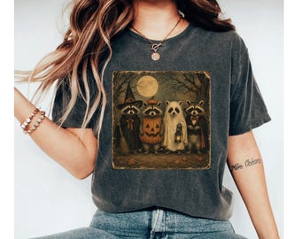 Vintage Halloween Raccoon Shirt, Spooky Raccoon Tee, Cute Ghost Pumpkin Witch Shirt, Retro Fall Animal T-Shirt, Autumn Gift