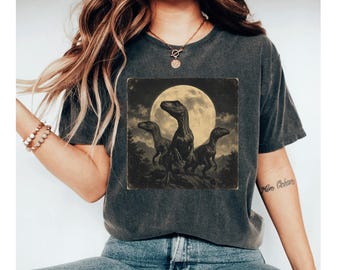Velociraptor Moon Shirt, Dinosaur Graphic Tee, Vintage Raptor Shirt, Prehistoric Animal Tee, Dino Lover Gift, Moonlight Dinosaur