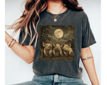 Pig Shirt, Vintage Farm Pig Tee, Moonlit Pig T Shirt, Farm Animal Graphic Tee, Pig Lover Gift, Rustic Country Shirt