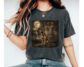 German Shepherd Shirt, Vintage GSD Tee, Moonlit Dog T Shirt, German Shepherd Lover Gift, Dog Graphic Tee, Dog Shirt For Mom