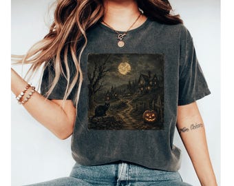 Vintage Haunted House Shirt, Spooky Halloween Tee, Black Cat Pumpkin Shirt, Gothic Fall T-Shirt, Moonlight Halloween Gift