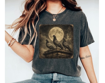 Pigeon Lover Shirt, Moonlight Bird Tee, Dove Graphic Shirt, Bird Watcher Gift, Vintage Bird Watching T Shirt, Nature Lover Tee