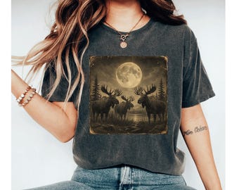 Moose Moon Shirt, Vintage Moose Tee, Forest Graphic Shirt, Woodland Animal Tee, Rustic Nature Shirt, Moose Lover Gift
