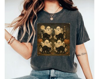 Vintage Ghost Cat Shirt, Black Cat Halloween Tee, Cute Spooky Ghost Shirt, Retro Fall Halloween T-Shirt, Cat Lover Gift