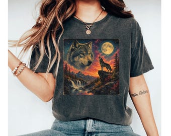 Wolf Moon Shirt, Wolf Lover Gift, Vintage Wolf Tee, Forest Graphic Shirt, Howling Wolf Tee, Nature Lover Shirt, Forest Wolf