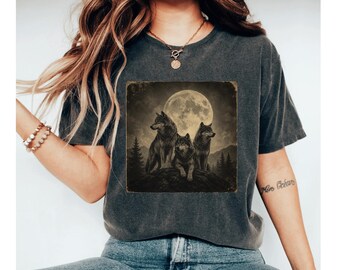 Wolf Shirt, Vintage Wolf Pack Tee, Moonlit Wolf T Shirt, Nature Shirt, Rustic Forest Wolf Graphic Tee, Wolf Lover Shirt