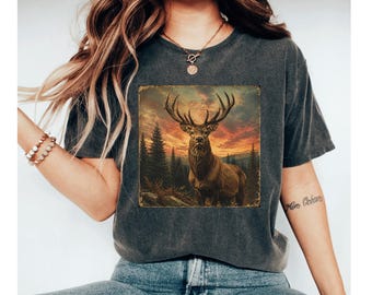 Deer Shirt, Stag Sunset Tee, Buck Hunting Shirt, Deer Hunter Gift, Forest Graphic Tee, Rustic Nature Shirt
