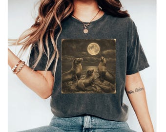 Sea Lion Shirt, Vintage Ocean Tee, Moonlit Seal T Shirt, Coastal Nature Gift, Sea Lion Graphic Tee, Beach Lover Shirt