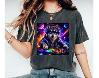 DJ Wolf Shirt, Rave Wolf Tee, EDM Festival Shirt, Cosmic Wolf Graphic Tee, Neon Shirt, Music Lover Gift, DJ Animal Tee