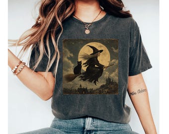 Vintage Witch Shirt, Black Cat Halloween Tee, Spooky Moon Shirt, Gothic Autumn T-Shirt, Retro Halloween Gift For Women