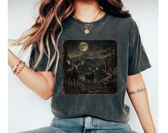 Moose Shirt, Vintage Moose Tee, Mountain T Shirt, Moonlit Forest Graphic Tee, Nature Lover Gift, Rustic Outdoor Shirt