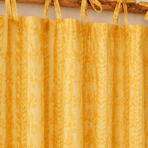 Mustard Yellow Hand Block Print Cotton Tie Top Curtain, Boho Farmhouse Panel