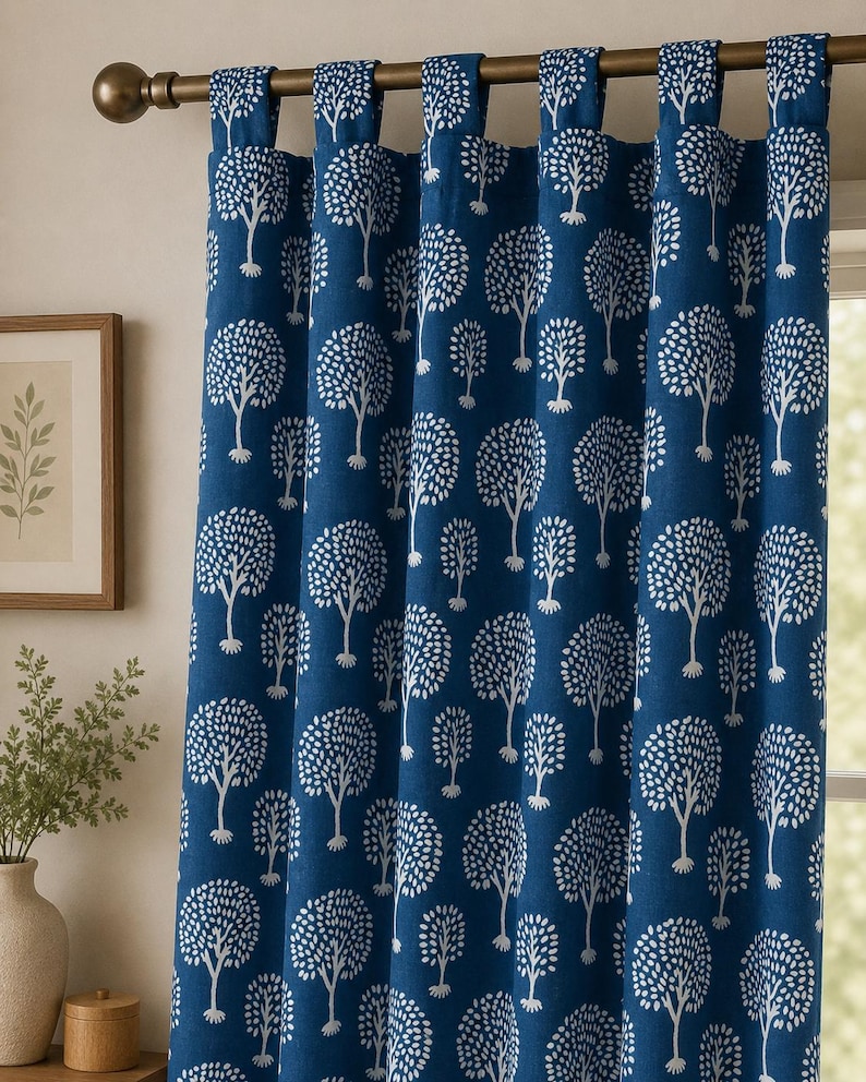 Hand Block Print Curtain Panel, Indigo Blue Floral Vine, Cotton Window ...