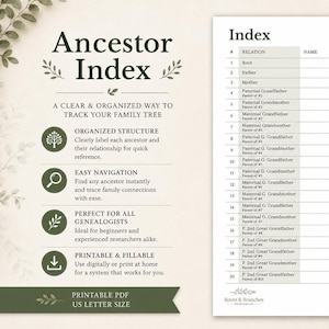 May include: A printable Ancestor Index sheet for tracking family trees, featuring sections for relation and name. The document has the text "Ancestor Index" at the top. The design is in a neutral colour palette, suitable for home printing.