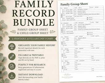 Paquete de hojas para grupos familiares, imprimibles de genealogía, PDF rellenable (descarga instantánea)