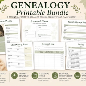 May include: A Genealogy Printable Bundle with six essential forms to organize, track, and preserve family history. Includes Ancestor Profile, Ancestral Chart, Family Group Sheet, Child Group Sheet, Research Log, and Index. The forms are fillable and printable.
