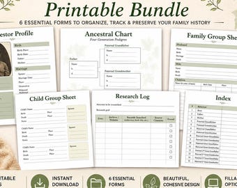 Paquete imprimible de genealogía, árbol genealógico, hoja de grupo familiar (PDF rellenable)