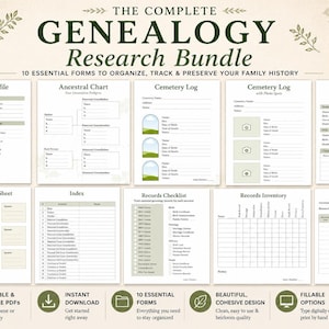 May include: A genealogy research bundle with 10 forms, including an ancestor profile, ancestral chart, and cemetery log. The forms are designed to organize and preserve family history. The bundle includes printable and fillable PDFs, with a beautiful, cohesive design.