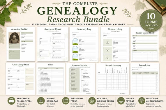 Complete Genealogy Research Bundle | 10 Printable & Fillable PDF Forms | Ancestry Research Organizer