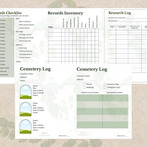 Puede incluir: Un conjunto de formularios de investigaci&oacute;n geneal&oacute;gica con una combinaci&oacute;n de colores verde claro y blanco. Los formularios incluyen listas de verificaci&oacute;n, registros de inventario, registros de investigaci&oacute;n y registros de cementerios. El texto incluye "Records Checklist", "Records Inventory" y "Research Log".