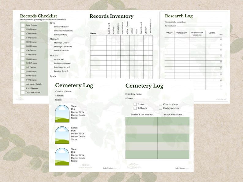 Puede incluir: Un conjunto de formularios de investigaci&oacute;n geneal&oacute;gica con una combinaci&oacute;n de colores verde claro y blanco. Los formularios incluyen listas de verificaci&oacute;n, registros de inventario, registros de investigaci&oacute;n y registros de cementerios. El texto incluye "Records Checklist", "Records Inventory" y "Research Log".