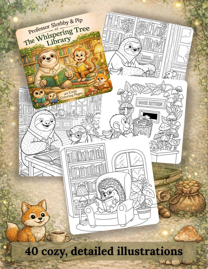 Woodland Library Coloring Book | Professor Slothby Pip Forest Animals ...