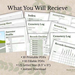 Puede incluir: Una colecci&oacute;n de formularios de genealog&iacute;a imprimibles, que incluyen un Perfil de Antepasado, una Hoja de Grupo Familiar y un Registro de Cementerio. Los formularios son de tama&ntilde;o US Letter e incluyen opciones de PDF rellenables. El texto "What You Will Recieve" tambi&eacute;n est&aacute; presente.