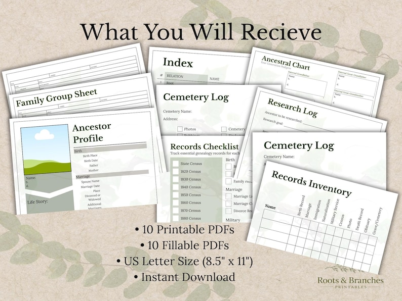 Puede incluir: Una colecci&oacute;n de formularios de genealog&iacute;a imprimibles, que incluyen un Perfil de Antepasado, una Hoja de Grupo Familiar y un Registro de Cementerio. Los formularios son de tama&ntilde;o US Letter e incluyen opciones de PDF rellenables. El texto "What You Will Recieve" tambi&eacute;n est&aacute; presente.