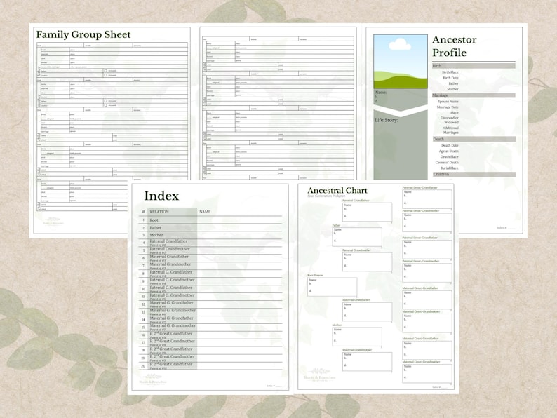 Puede incluir: Un conjunto de formularios de genealog&iacute;a, que incluyen una hoja de grupo familiar, un &iacute;ndice, un perfil de antepasado y un cuadro ancestral. Los formularios est&aacute;n impresos en papel blanco con acentos y t&iacute;tulos verdes. El perfil de antepasado incluye una imagen de paisaje.
