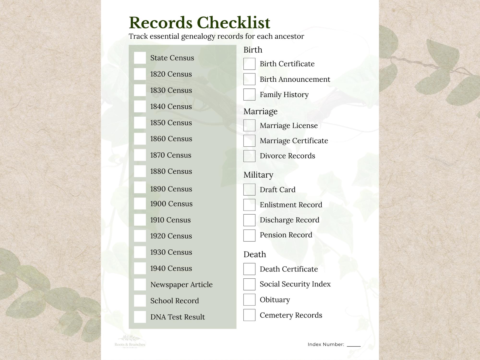 Records Checklist Genealogy Printable | Family History Organizer ...