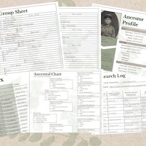 Puede incluir: Una colecci&oacute;n de documentos de investigaci&oacute;n geneal&oacute;gica, que incluyen hojas de grupo familiar, un perfil de antepasado, un cuadro ancestral y un registro de investigaci&oacute;n. Los documentos est&aacute;n impresos en papel blanco con texto negro.