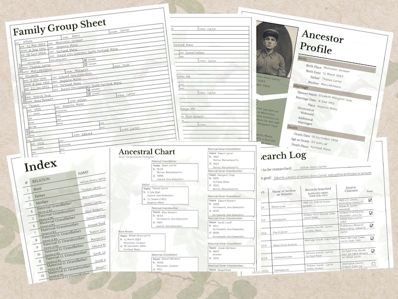 Puede incluir: Una colecci&oacute;n de documentos de investigaci&oacute;n geneal&oacute;gica, que incluyen hojas de grupo familiar, un perfil de antepasado, un cuadro ancestral y un registro de investigaci&oacute;n. Los documentos est&aacute;n impresos en papel blanco con texto negro.